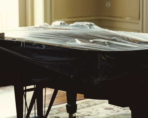A grand piano sits grandly in an elegant room, partially covered with protective plastic, capturing a moment of transition.